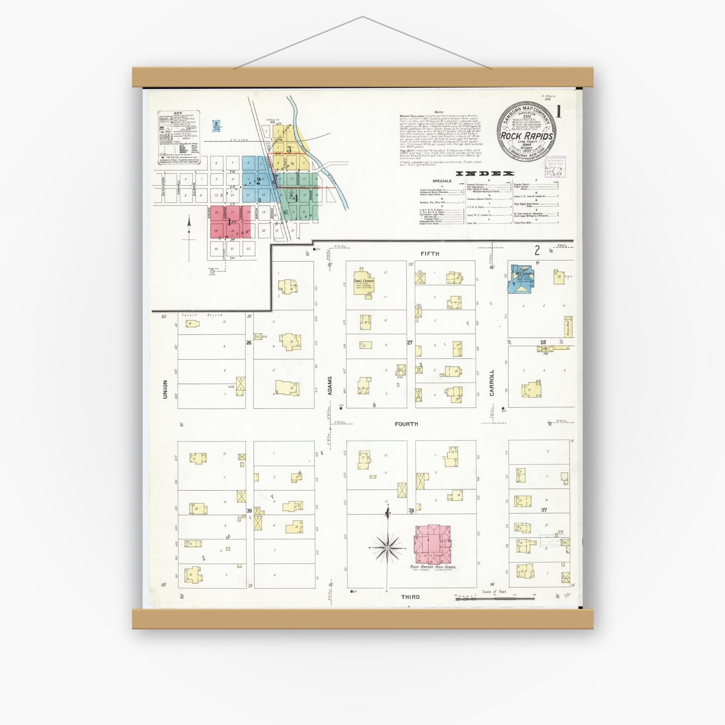 Old map wall art mockup — magnetic wood frame on white wall — Sanborn Fire Insurance Map from Rock Rapids, Lyon County, Iowa (1907), Sheet #0001