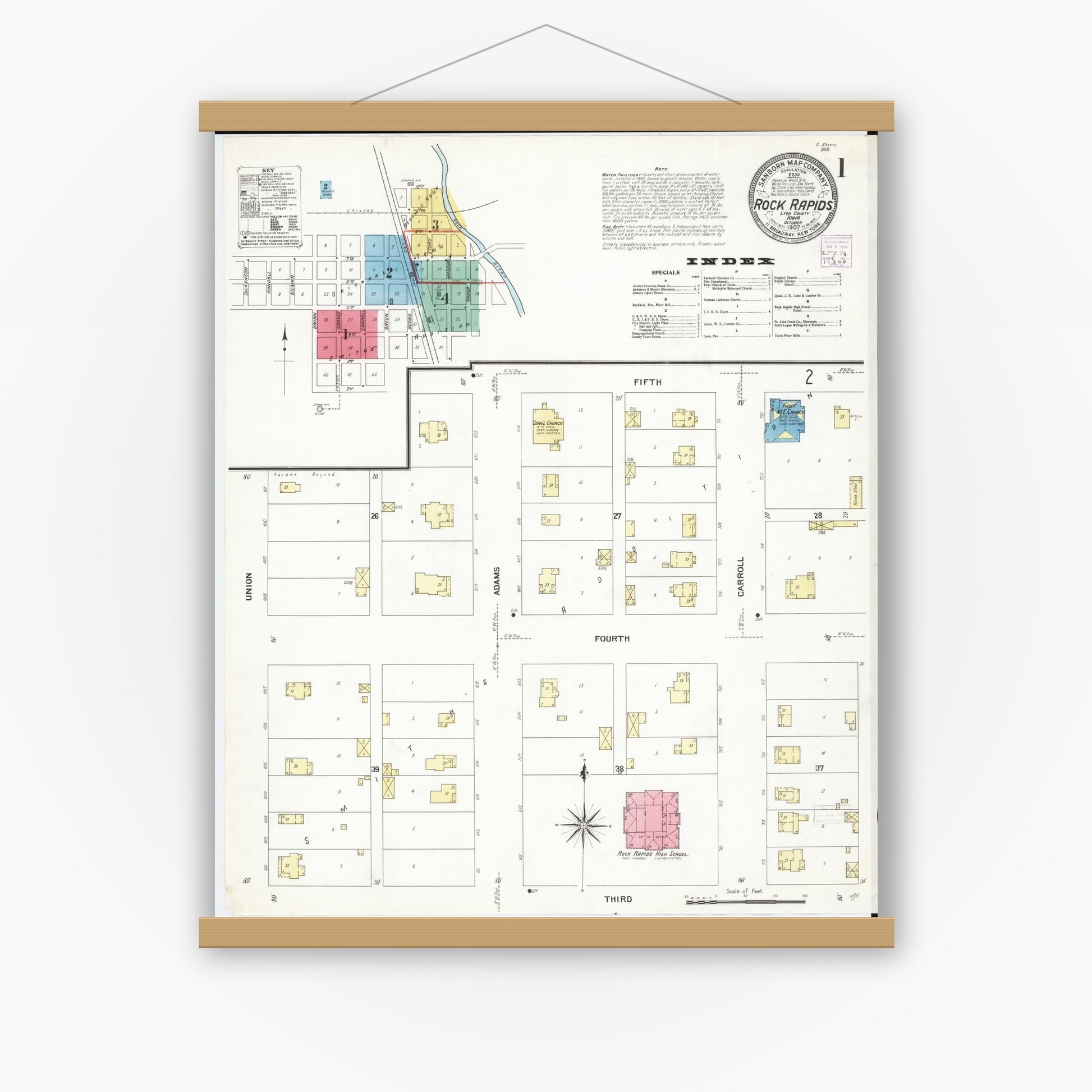 Old map wall art mockup — magnetic wood frame on white wall — Sanborn Fire Insurance Map from Rock Rapids, Lyon County, Iowa (1907), Sheet #0001