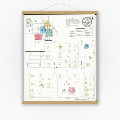 Old map wall art mockup — magnetic wood frame on white wall — Sanborn Fire Insurance Map from Rock Rapids, Lyon County, Iowa (1907), Sheet #0001