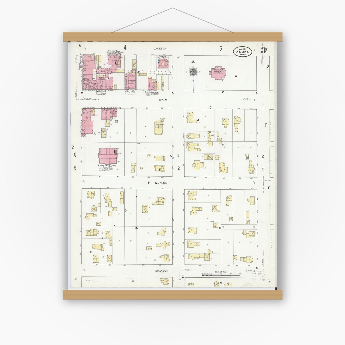 Old map wall art mockup — magnetic wood frame on white wall — Sanborn Fire Insurance Map from Anoka, Anoka County, Minnesota (1911), Sheet #0003