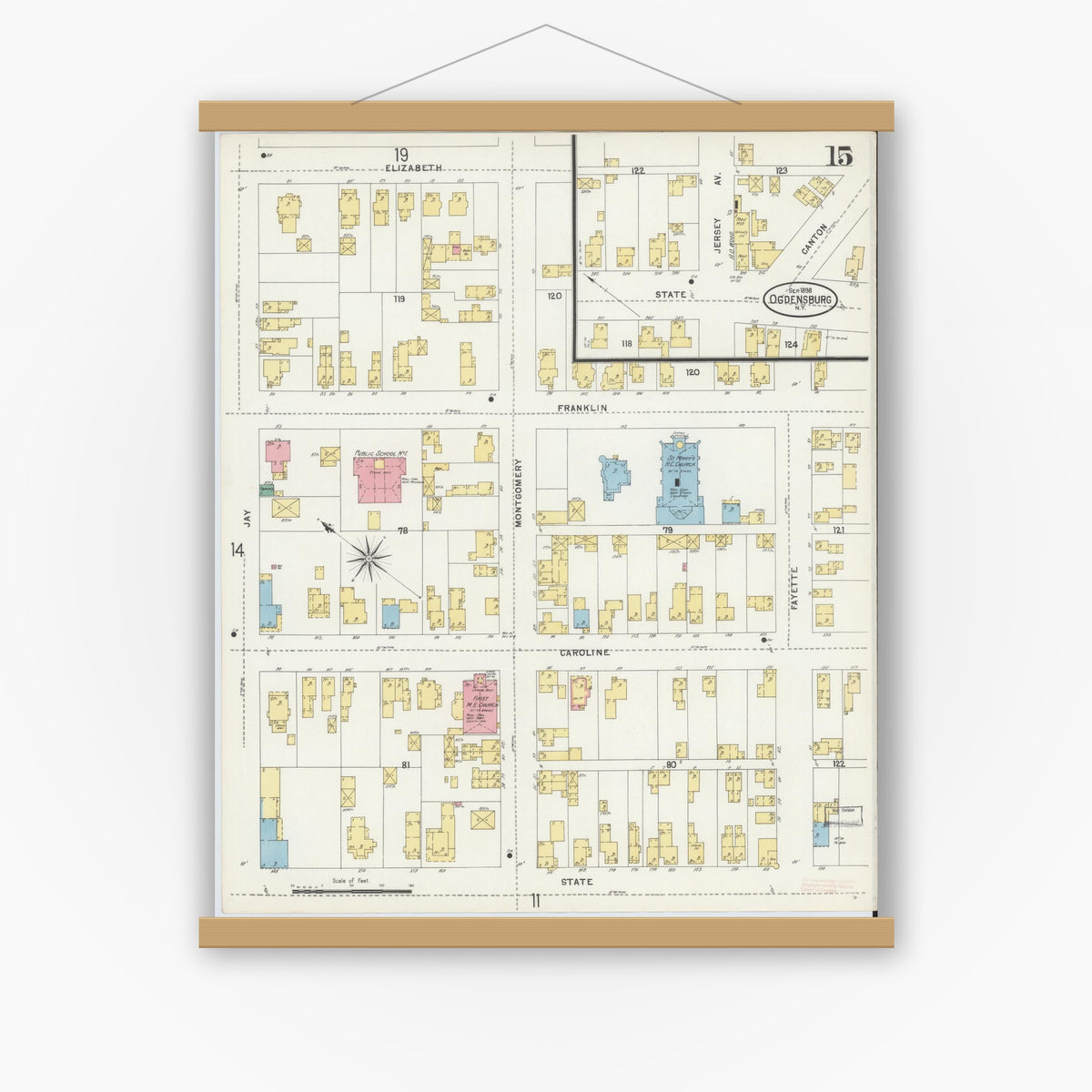Old map wall art mockup — magnetic wood frame on white wall — Sanborn Fire Insurance Map from Ogdensburg, St. Lawrence County, New York (1898), Sheet #0015