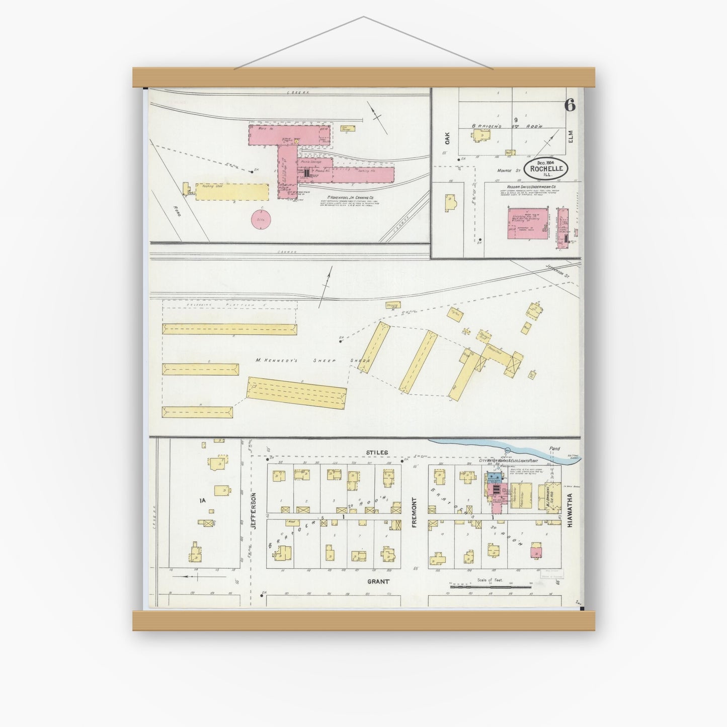 Old map wall art mockup — magnetic wood frame on white wall — Sanborn Fire Insurance Map from Rochelle, Ogle County, Illinois (1904), Sheet #0006