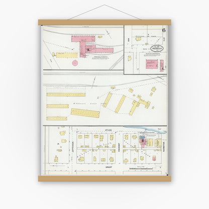 Old map wall art mockup — magnetic wood frame on white wall — Sanborn Fire Insurance Map from Rochelle, Ogle County, Illinois (1904), Sheet #0006