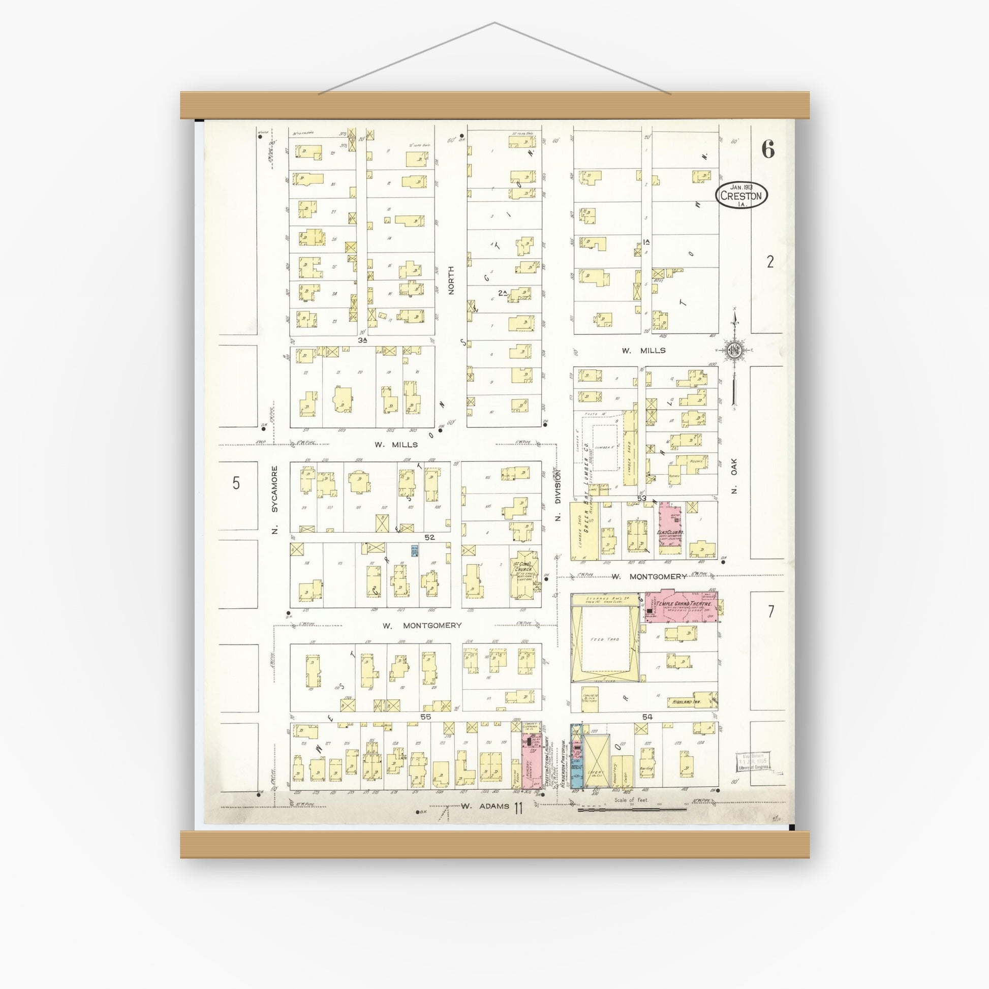 Old map wall art mockup — magnetic wood frame on white wall — Sanborn Fire Insurance Map from Creston, Union County, Iowa (1913), Sheet #0006