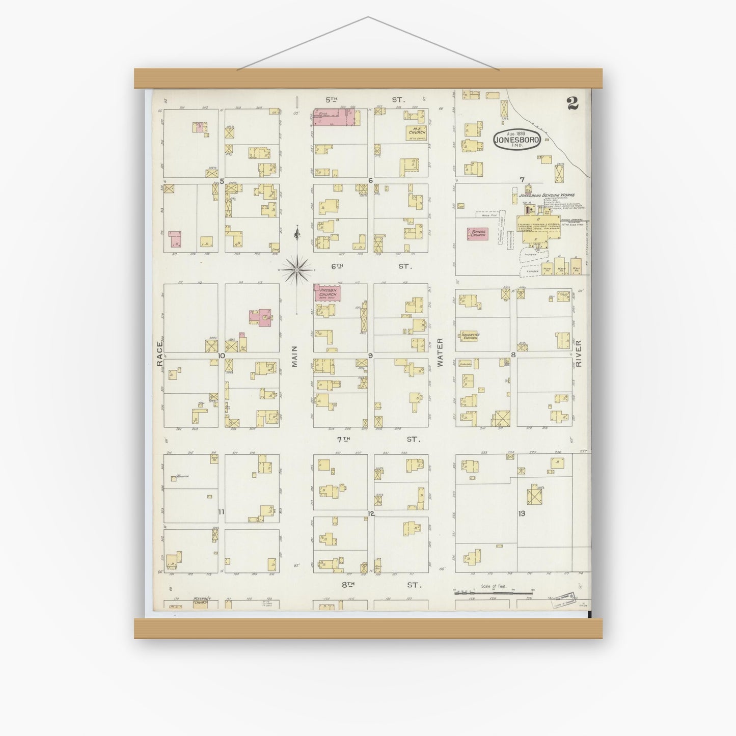 Old map wall art mockup — magnetic wood frame on white wall — Sanborn Fire Insurance Map from Jonesboro, Grant County, Indiana (1893), Sheet #0002