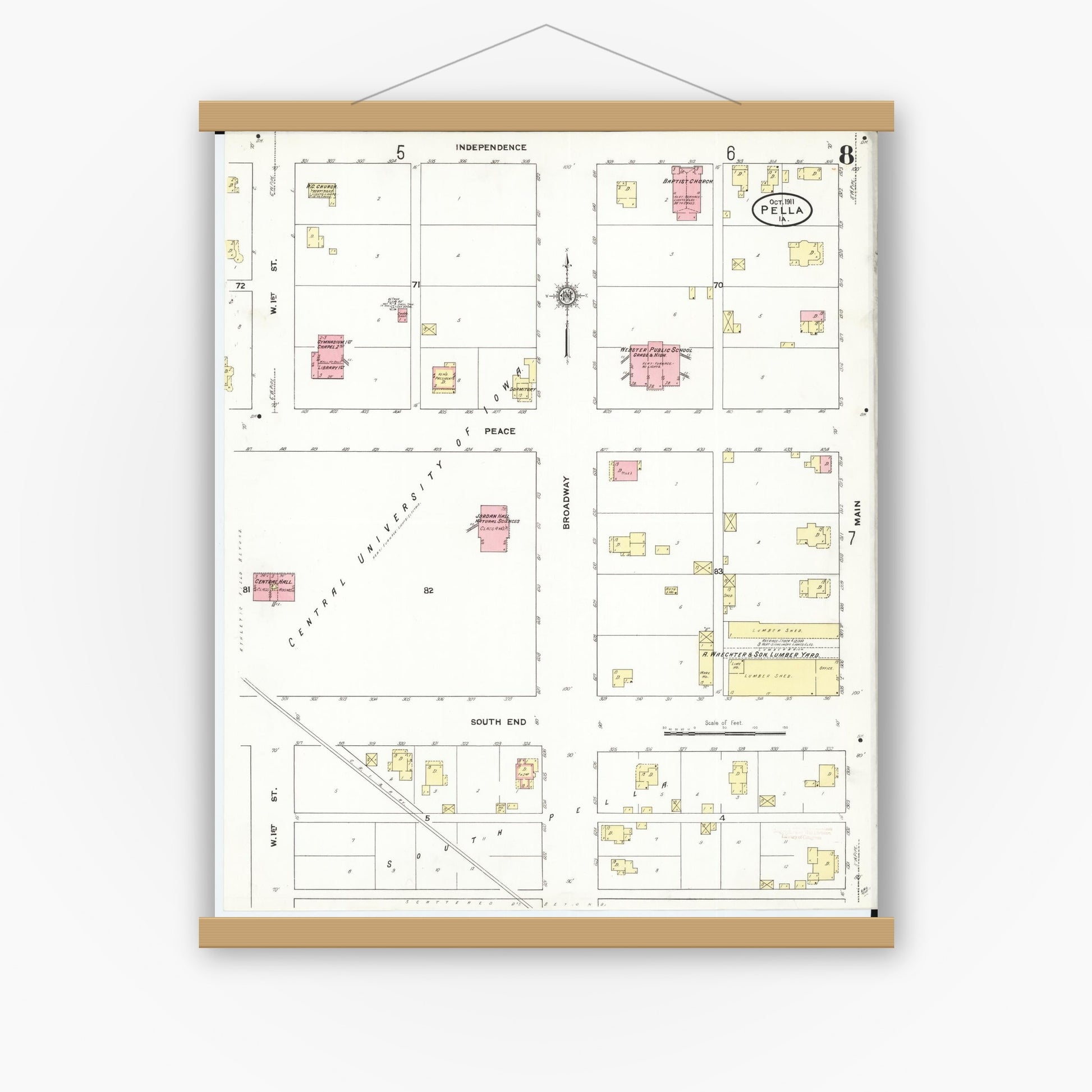 Old map wall art mockup — magnetic wood frame on white wall — Sanborn Fire Insurance Map from Pella, Marion County, Iowa (1911), Sheet #0008