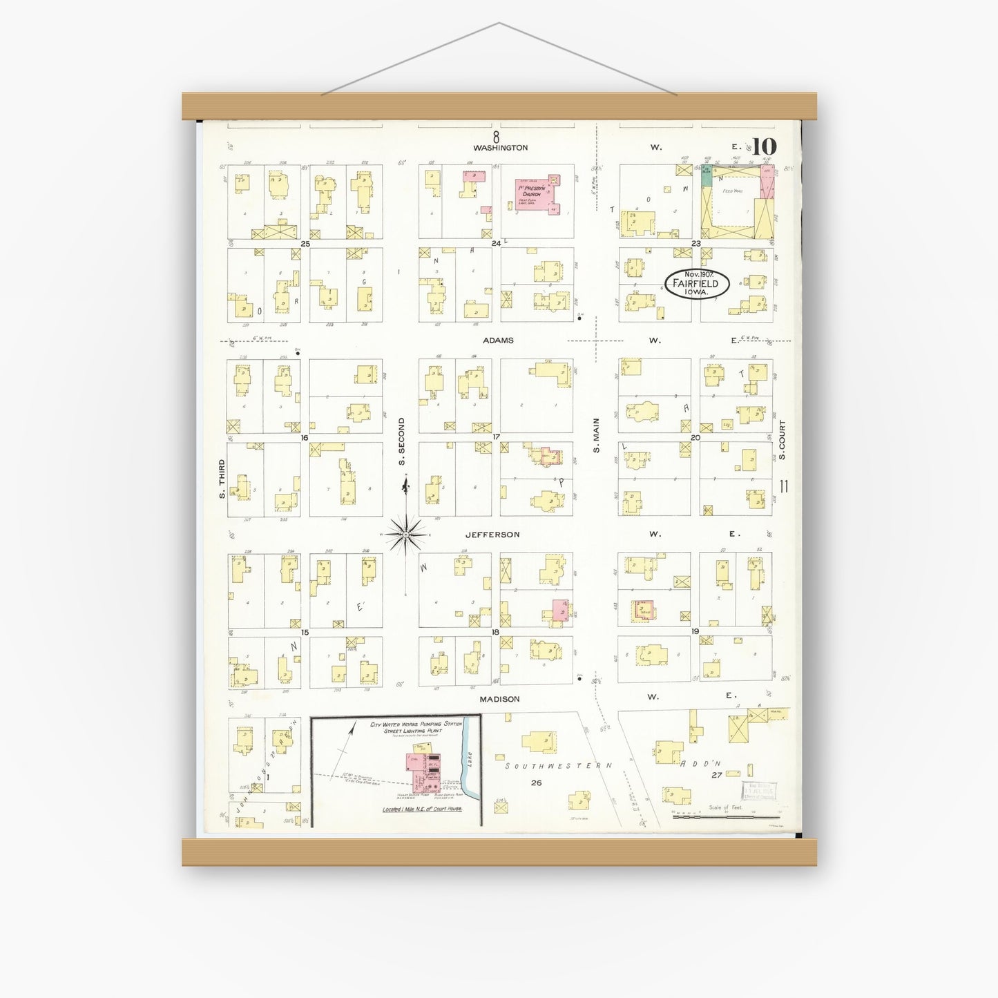 Old map wall art mockup — magnetic wood frame on white wall — Sanborn Fire Insurance Map from Fairfield, Jefferson County, Iowa (1907), Sheet #0010