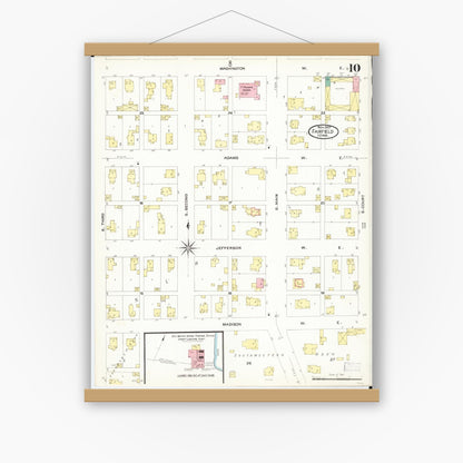 Old map wall art mockup — magnetic wood frame on white wall — Sanborn Fire Insurance Map from Fairfield, Jefferson County, Iowa (1907), Sheet #0010