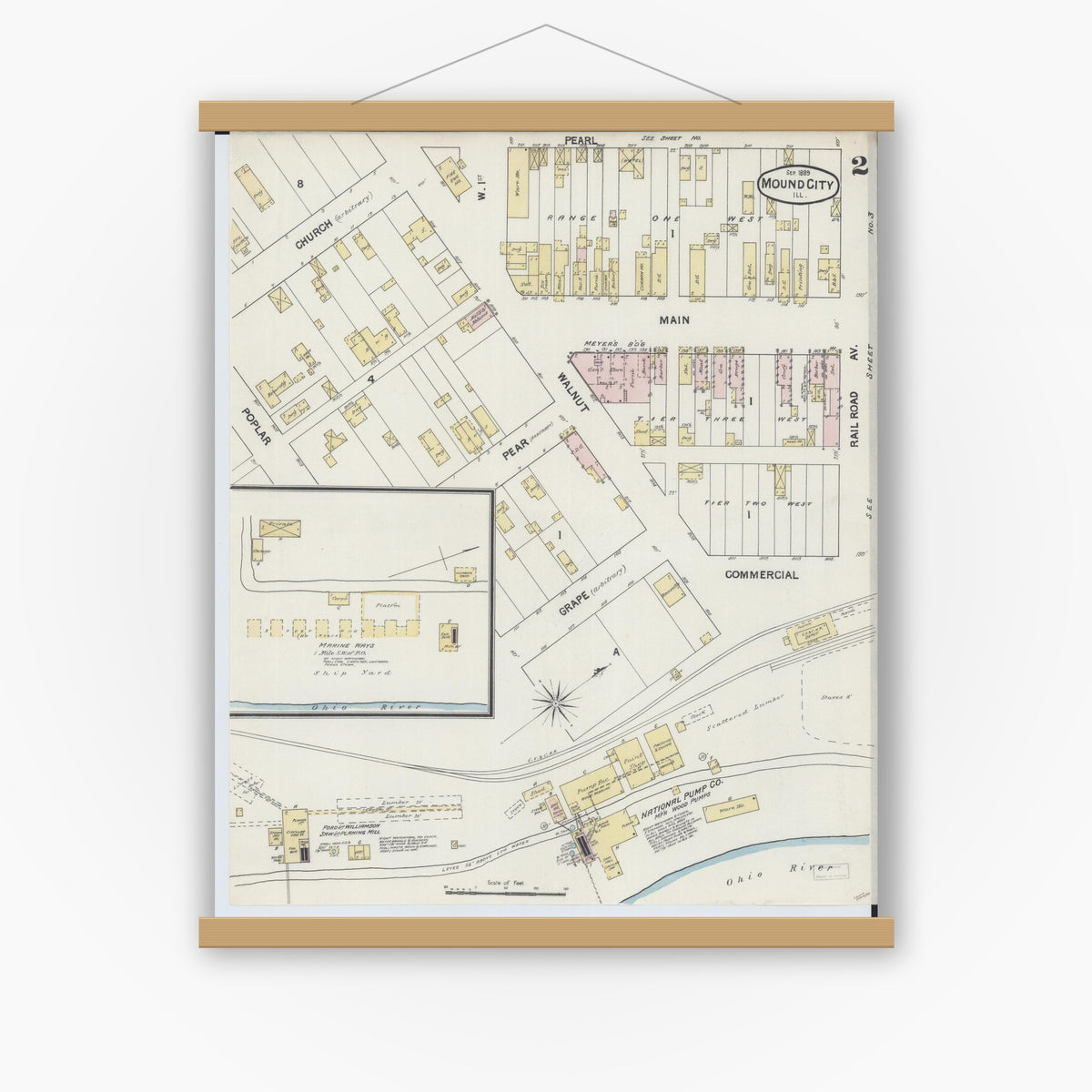 Old map wall art mockup — magnetic wood frame on white wall — Sanborn Fire Insurance Map from Mound City, Pulaski County, Illinois (1889), Sheet #0002