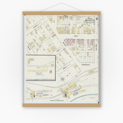 Old map wall art mockup — magnetic wood frame on white wall — Sanborn Fire Insurance Map from Mound City, Pulaski County, Illinois (1889), Sheet #0002