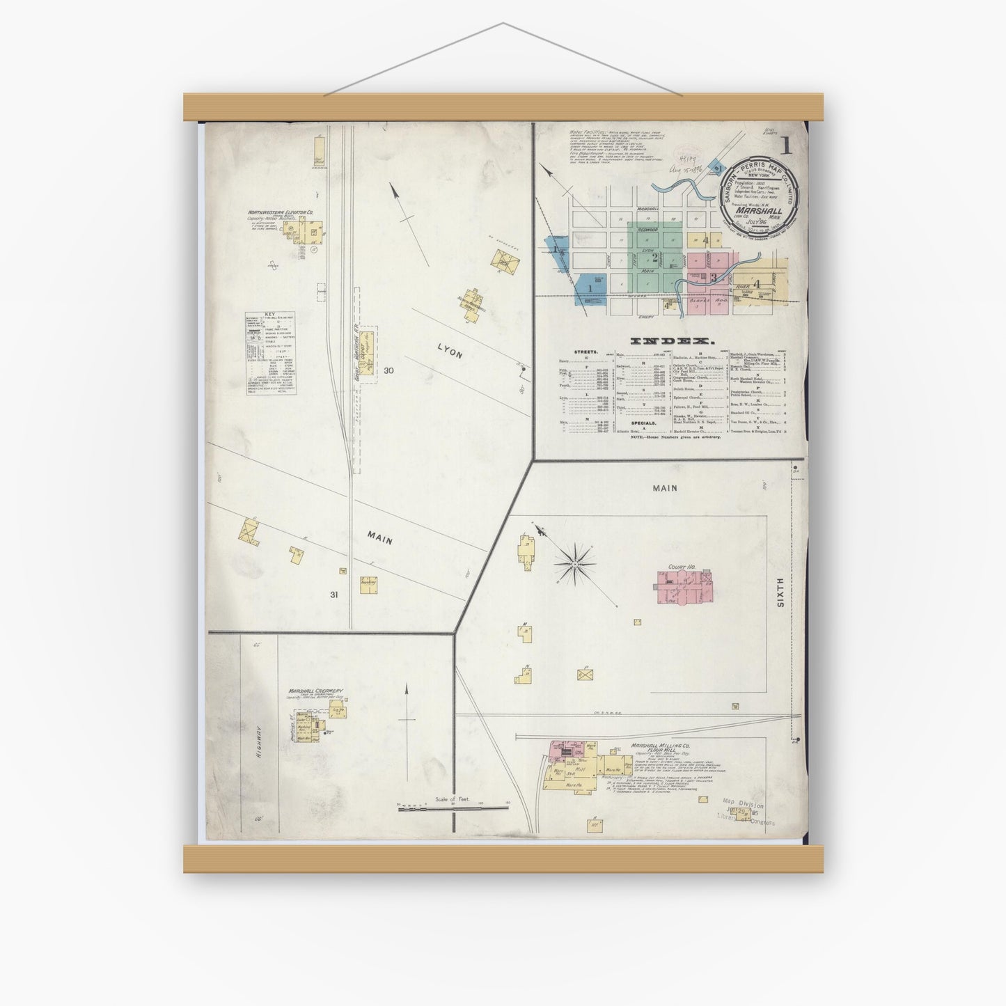 Old map wall art mockup — magnetic wood frame on white wall — Sanborn Fire Insurance Map from Marshall, Lyon County, Minnesota (1896) - Complete Map Set