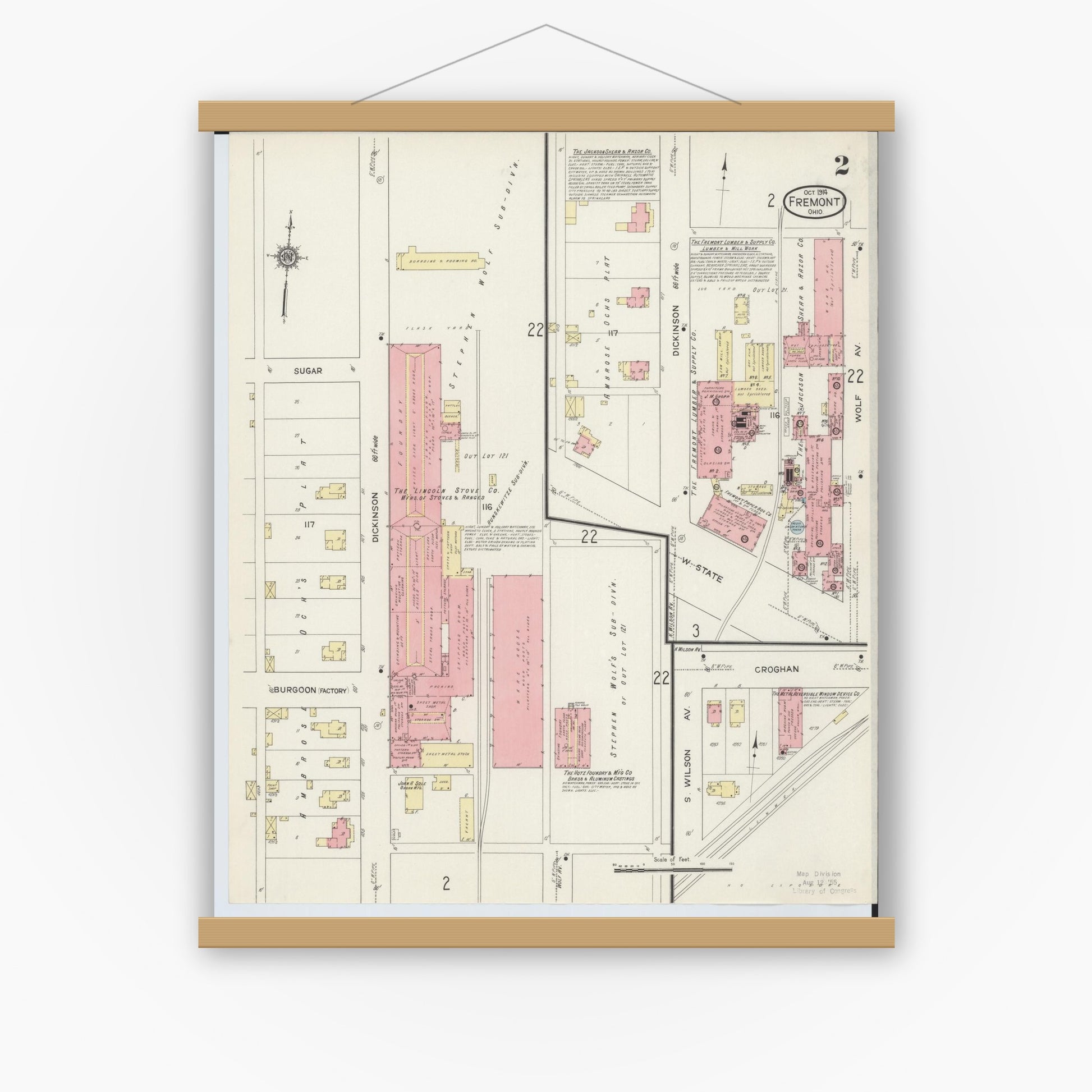 Old map wall art mockup — magnetic wood frame on white wall — Sanborn Fire Insurance Map from Fremont, Sandusky County, Ohio (1914), Sheet #0002