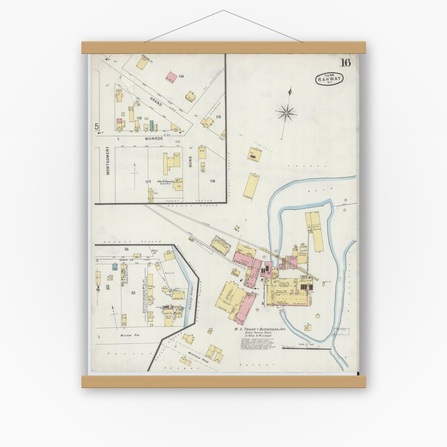Old map wall art mockup — magnetic wood frame on white wall — Sanborn Fire Insurance Map from Rahway, Union County, New Jersey (1896), Sheet #0016