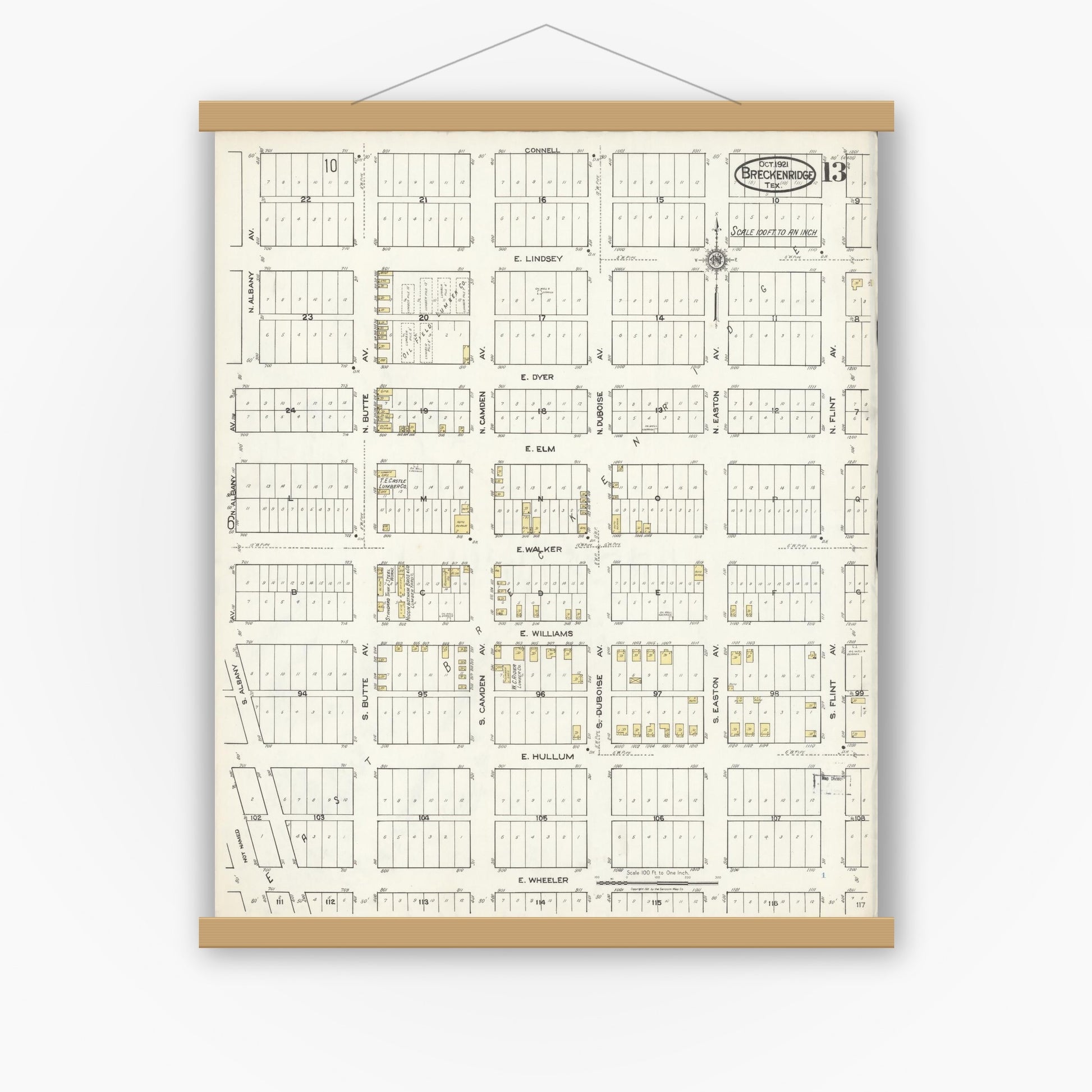 Old map wall art mockup — magnetic wood frame on white wall — Sanborn Fire Insurance Map from Breckenridge, Stephens County, Texas (1921), Sheet #0013