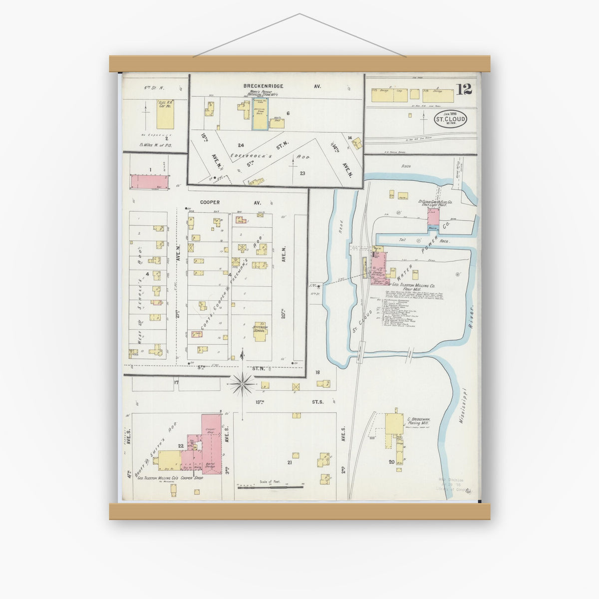 Old map wall art mockup — magnetic wood frame on white wall — Sanborn Fire Insurance Map from Saint Cloud, Stearns, Benton, and Sherburne Counties, Minnesota (1898), Sheet #0012