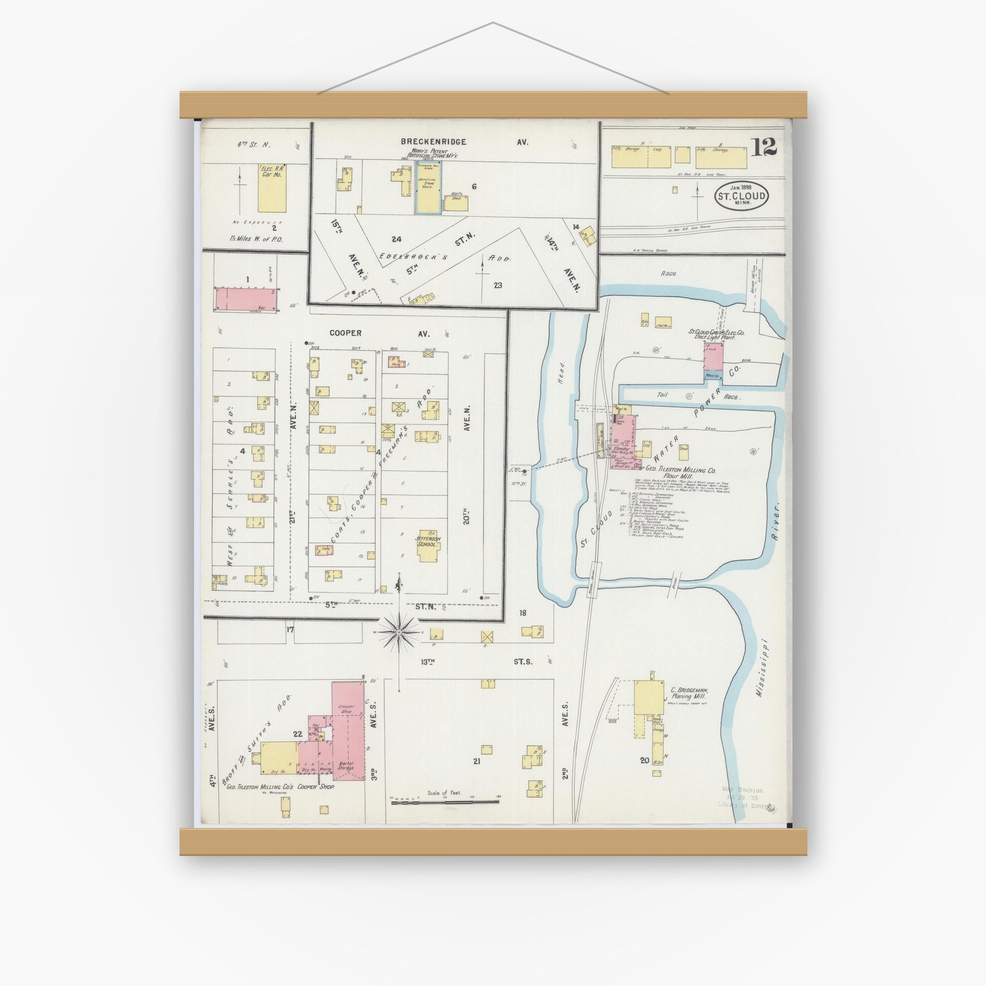 Old map wall art mockup — magnetic wood frame on white wall — Sanborn Fire Insurance Map from Saint Cloud, Stearns, Benton, and Sherburne Counties, Minnesota (1898), Sheet #0012