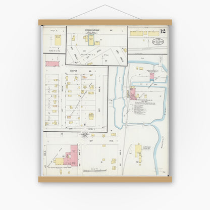 Old map wall art mockup — magnetic wood frame on white wall — Sanborn Fire Insurance Map from Saint Cloud, Stearns, Benton, and Sherburne Counties, Minnesota (1898), Sheet #0012