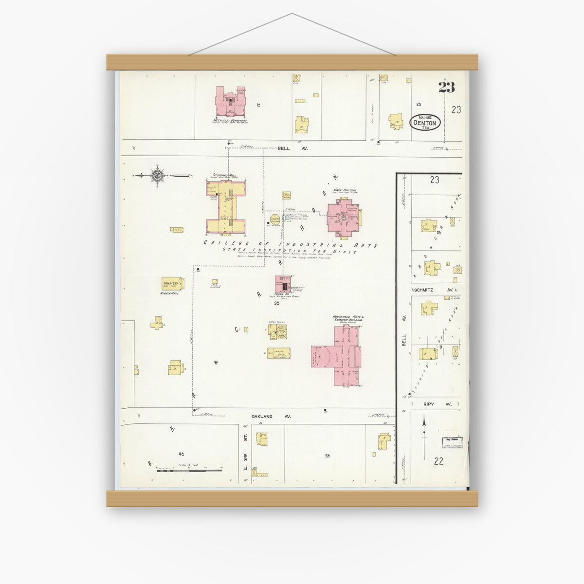 Old map wall art mockup — magnetic wood frame on white wall — Sanborn Fire Insurance Map from Denton, Denton County, Texas (1912), Sheet #0023