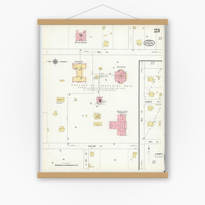 Old map wall art mockup — magnetic wood frame on white wall — Sanborn Fire Insurance Map from Denton, Denton County, Texas (1912), Sheet #0023