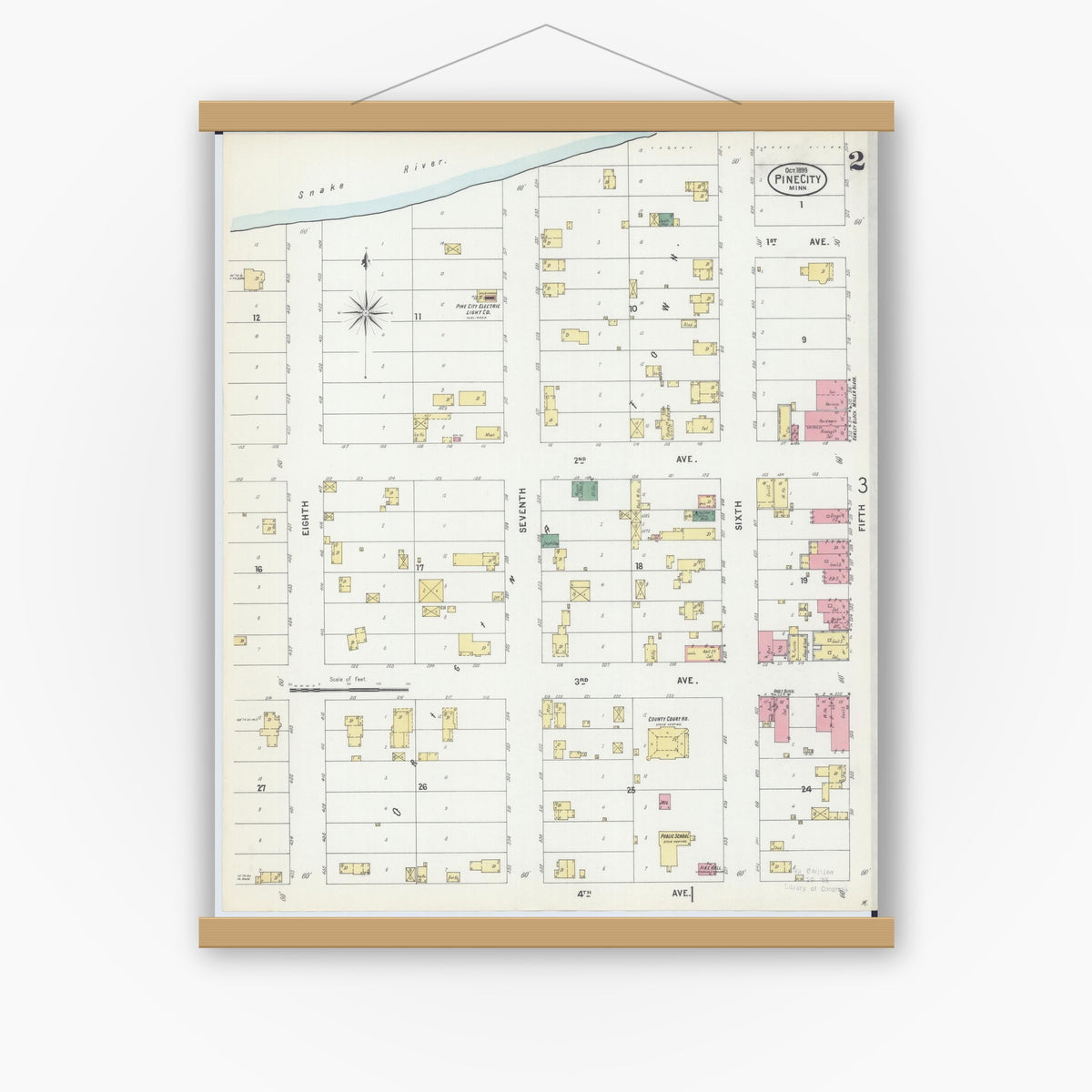 Old map wall art mockup — magnetic wood frame on white wall — Sanborn Fire Insurance Map from Pine City, Pine County, Minnesota (1899), Sheet #0002