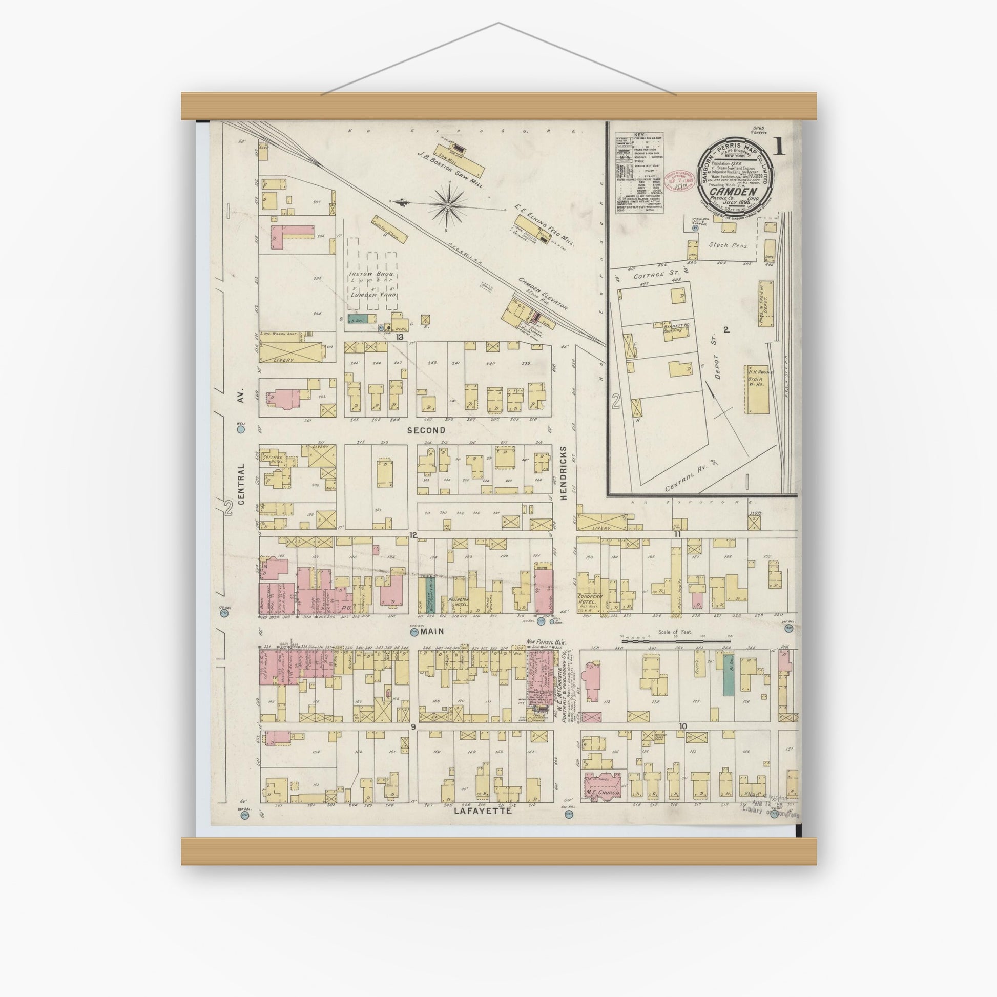 Old map wall art mockup — magnetic wood frame on white wall — Sanborn Fire Insurance Map from Camden, Preble County, Ohio (1895) - Complete Map Set