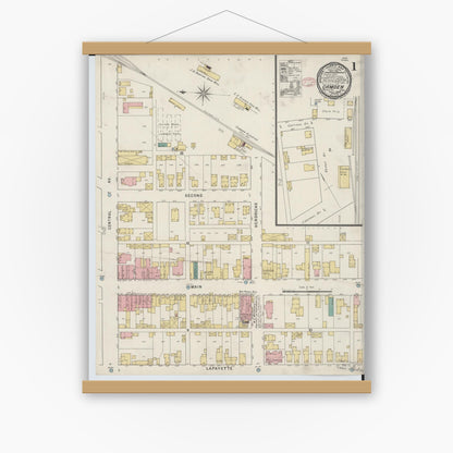 Old map wall art mockup — magnetic wood frame on white wall — Sanborn Fire Insurance Map from Camden, Preble County, Ohio (1895) - Complete Map Set