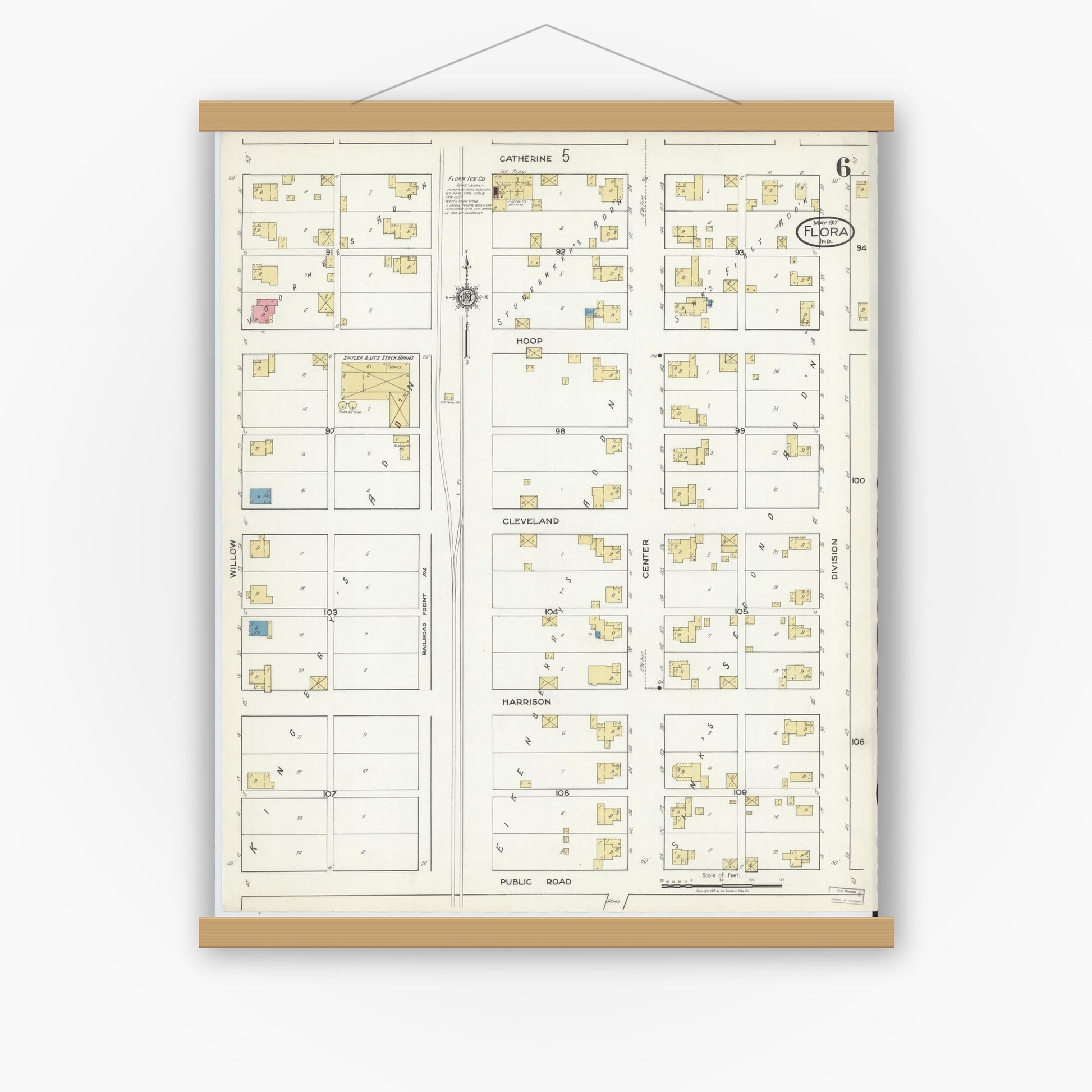 Old map wall art mockup — magnetic wood frame on white wall — Sanborn Fire Insurance Map from Flora, Carroll County, Indiana (1917), Sheet #0006