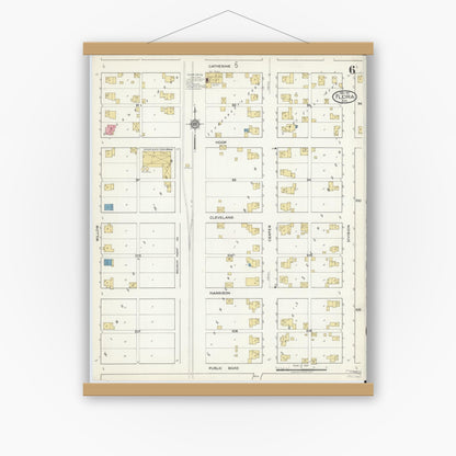 Old map wall art mockup — magnetic wood frame on white wall — Sanborn Fire Insurance Map from Flora, Carroll County, Indiana (1917), Sheet #0006