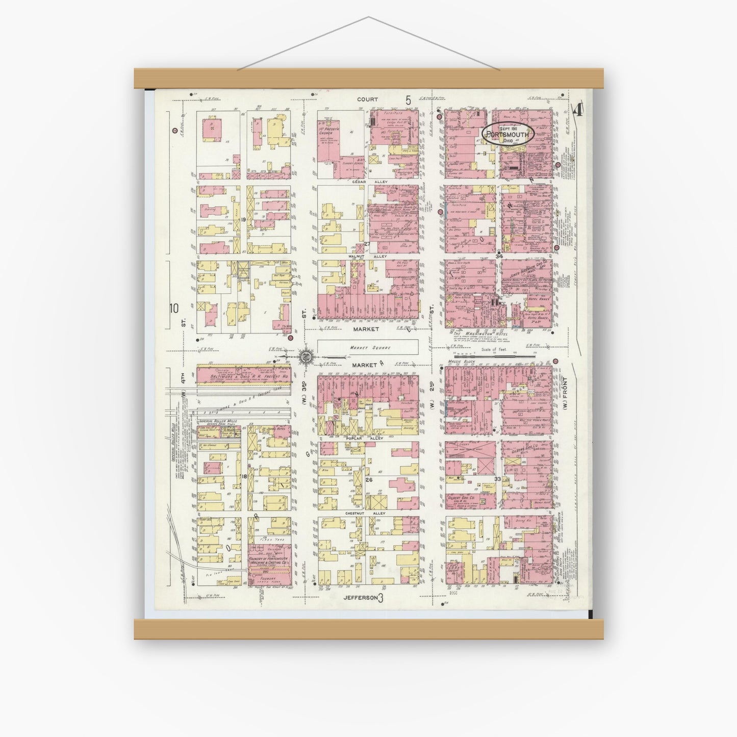 Old map wall art mockup — magnetic wood frame on white wall — Sanborn Fire Insurance Map from Portsmouth, Scioto County, Ohio (1911), Sheet #0004