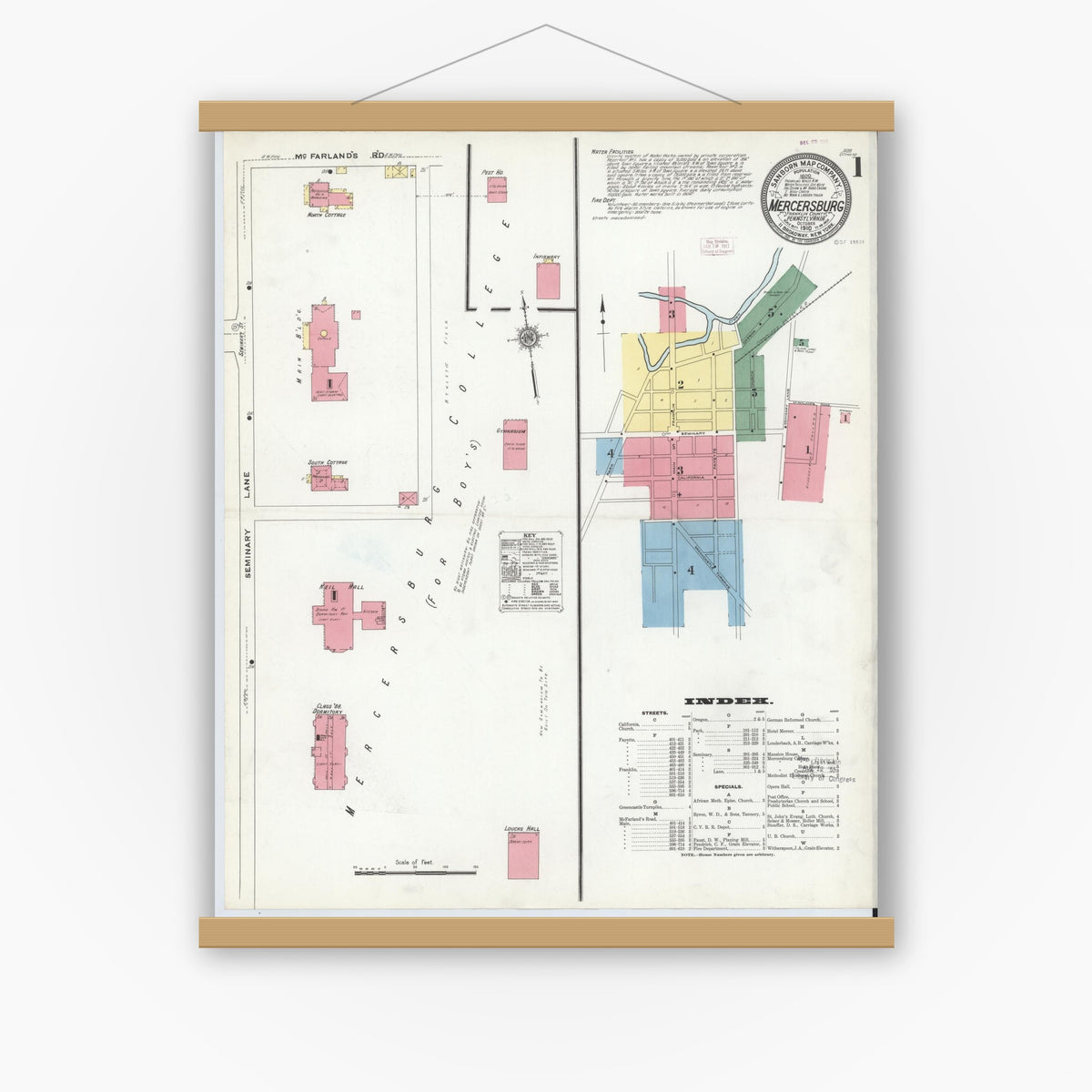 Old map wall art mockup — magnetic wood frame on white wall — Sanborn Fire Insurance Map from Mercersburg, Franklin County, Pennsylvania (1910) - Complete Map Set