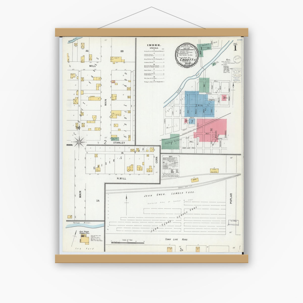 Old map wall art mockup — magnetic wood frame on white wall — Sanborn Fire Insurance Map from Cadott, Chippewa County, Wisconsin (1900), Sheet #0001
