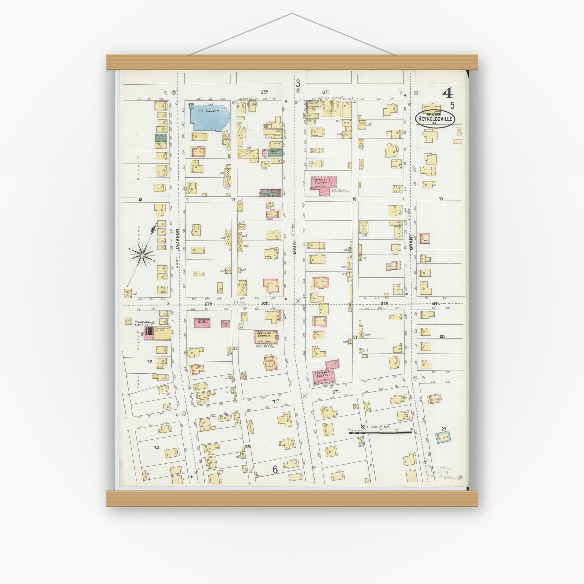 Old map wall art mockup — magnetic wood frame on white wall — Sanborn Fire Insurance Map from Reynoldsville, Jefferson County, Pennsylvania (1906), Sheet #0004