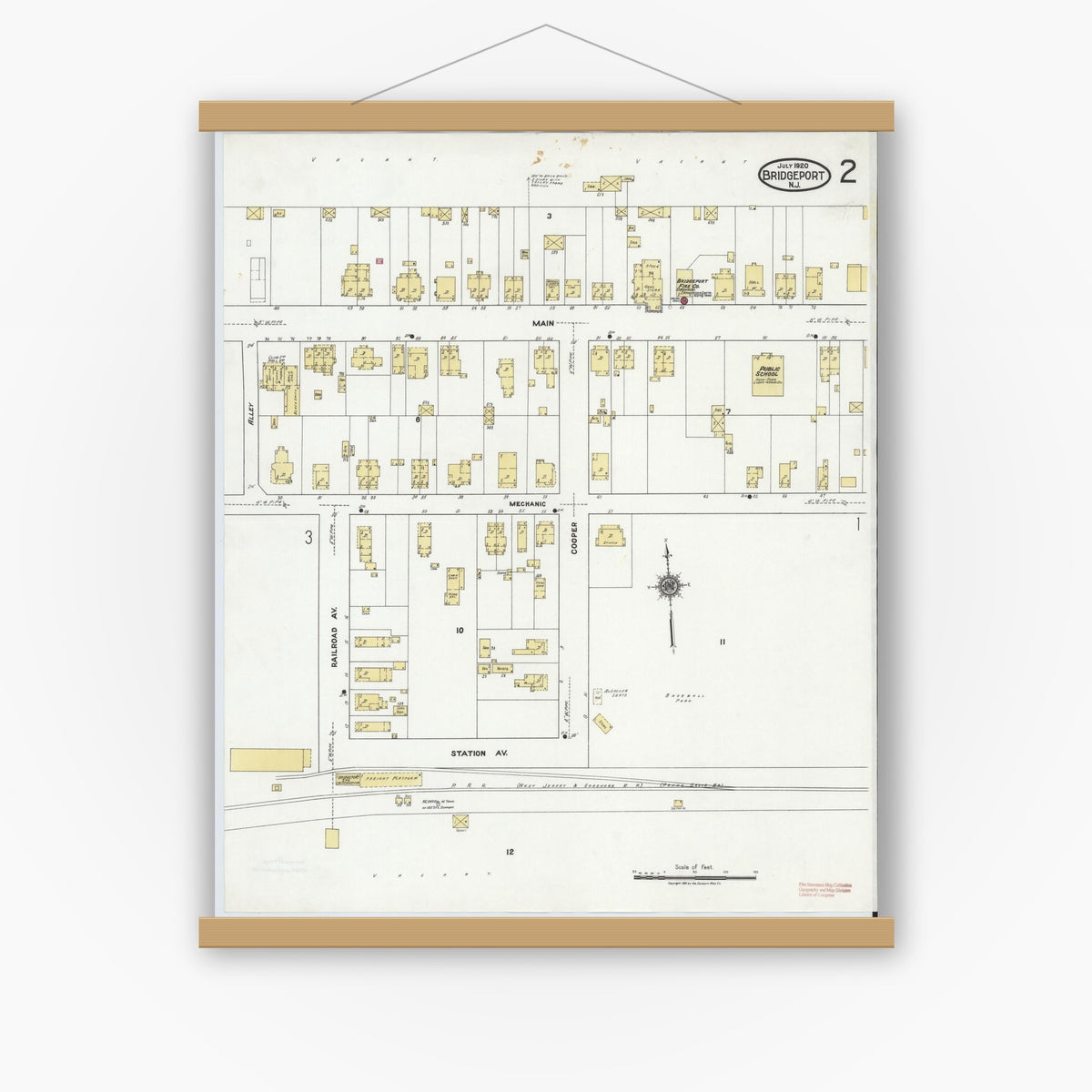 Old map wall art mockup — magnetic wood frame on white wall — Sanborn Fire Insurance Map from Bridgeport, Gloucester County, New Jersey (1920), Sheet #0002