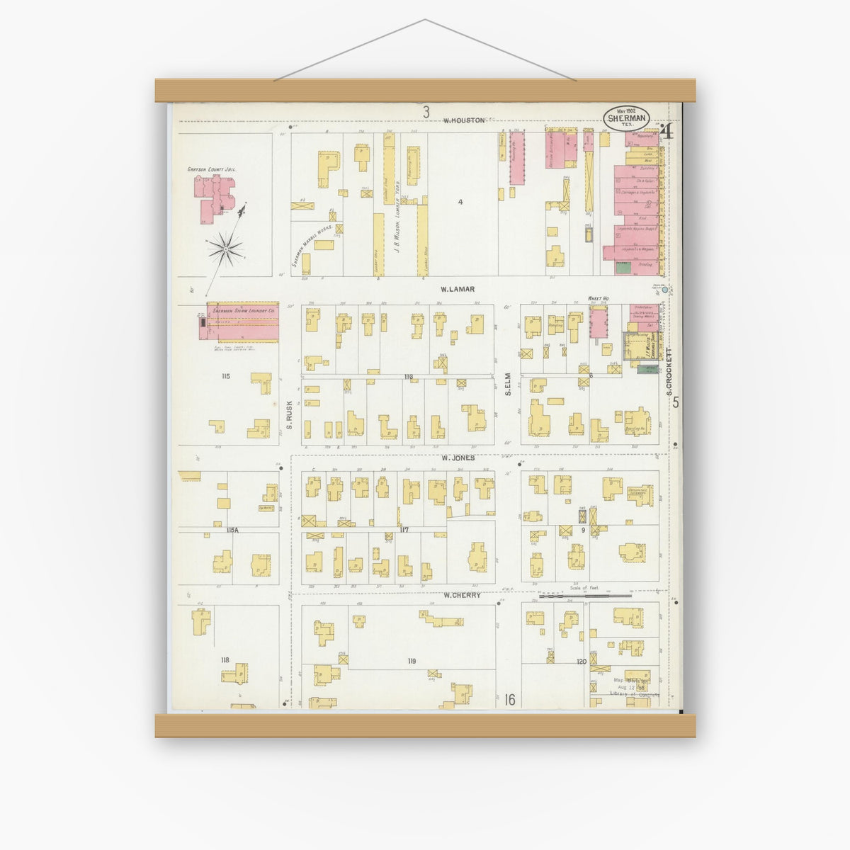 Old map wall art mockup — magnetic wood frame on white wall — Sanborn Fire Insurance Map from Sherman, Grayson County, Texas (1902), Sheet #0004