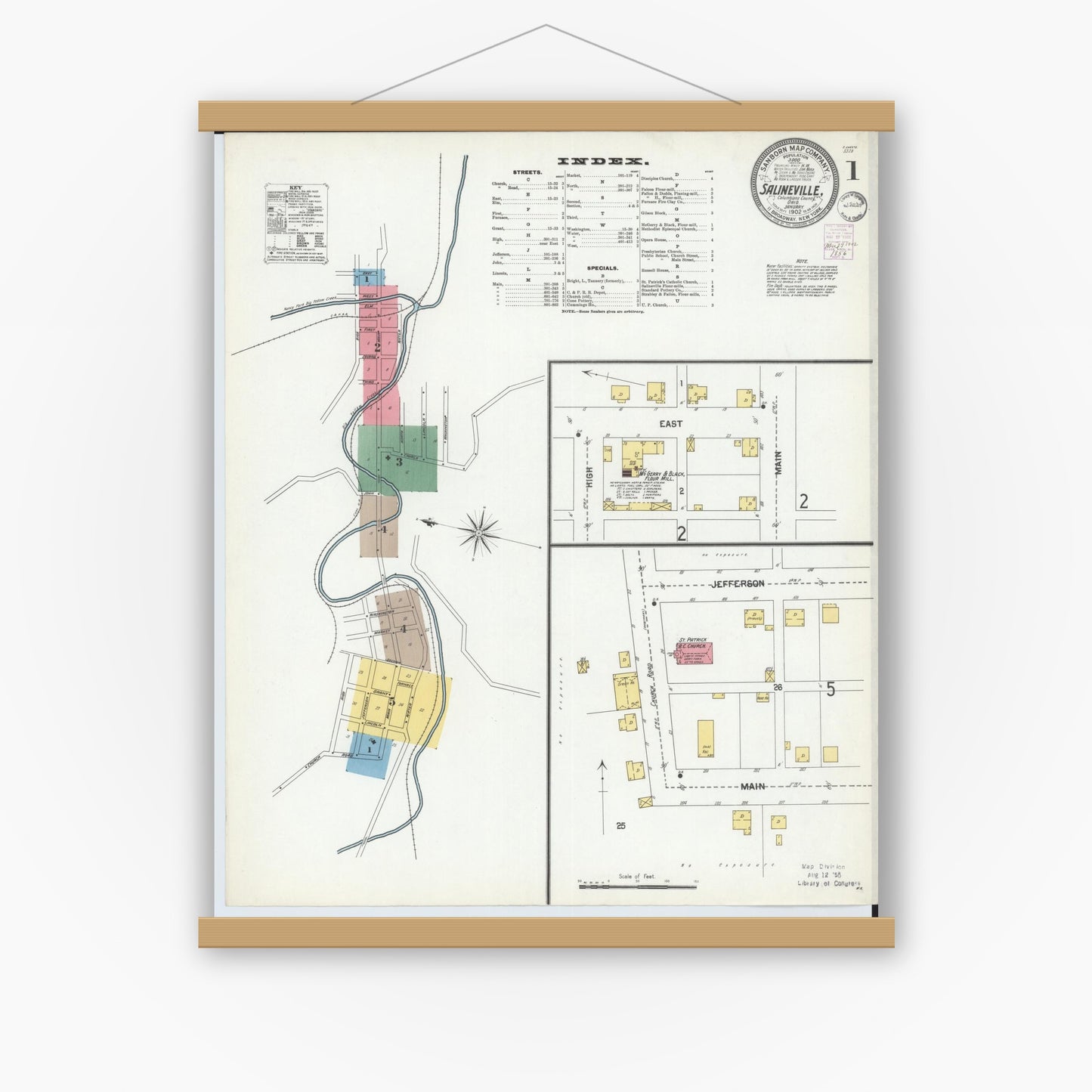 Old map wall art mockup — magnetic wood frame on white wall — Sanborn Fire Insurance Map from Salineville, Columbiana County, Ohio (1902) - Complete Map Set