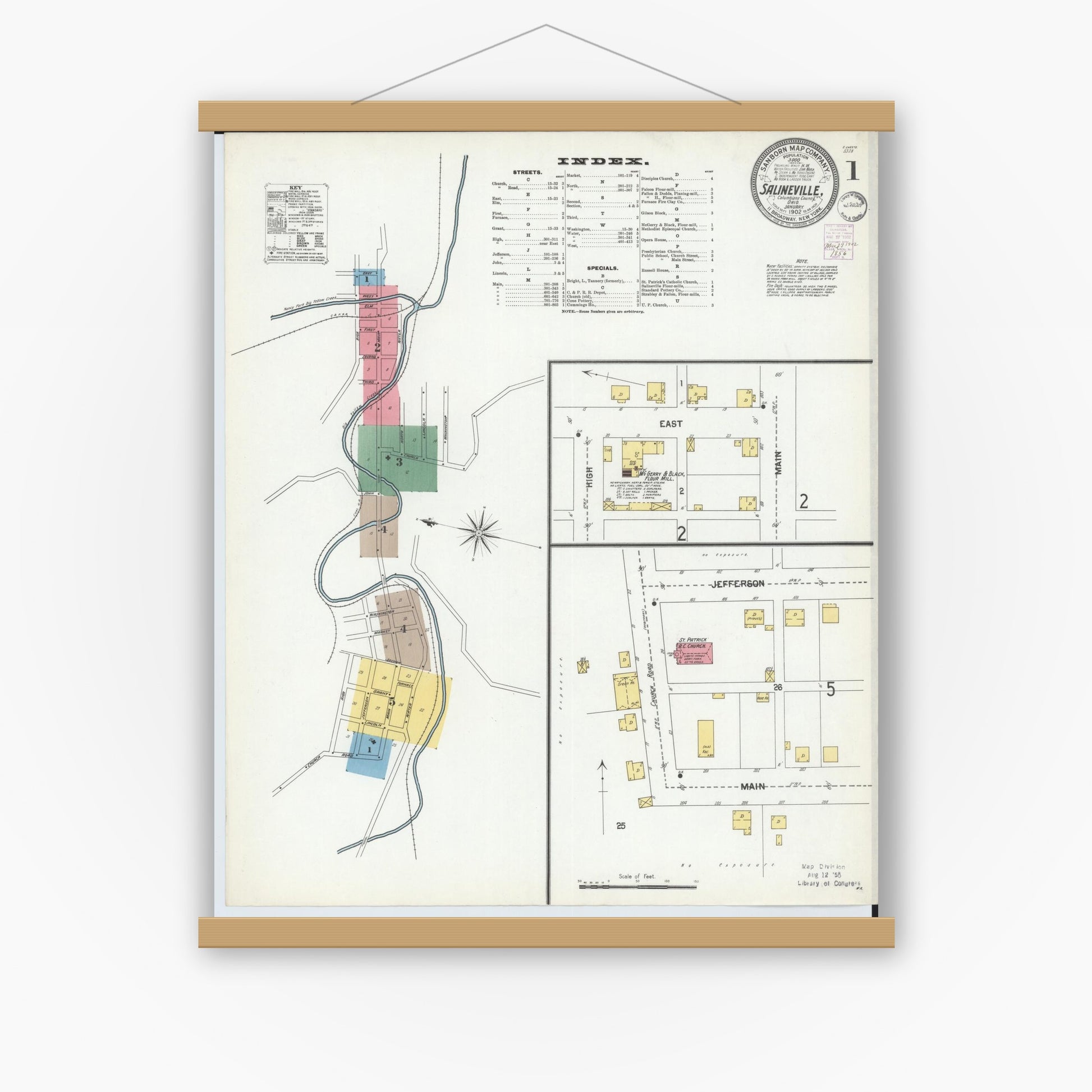 Old map wall art mockup — magnetic wood frame on white wall — Sanborn Fire Insurance Map from Salineville, Columbiana County, Ohio (1902) - Complete Map Set