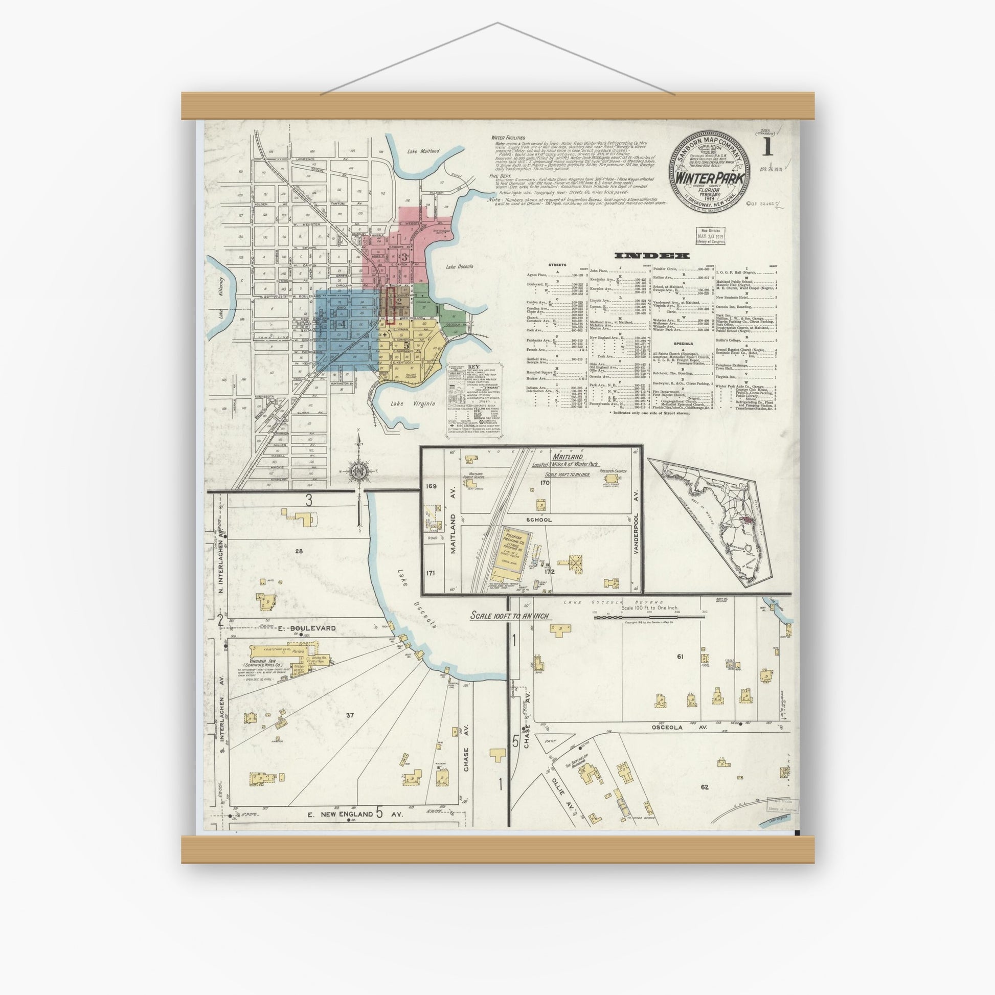 Old map wall art mockup — magnetic wood frame on white wall — Sanborn Fire Insurance Map from Winter Park, Orange County, Florida (1919) - Complete Map Set