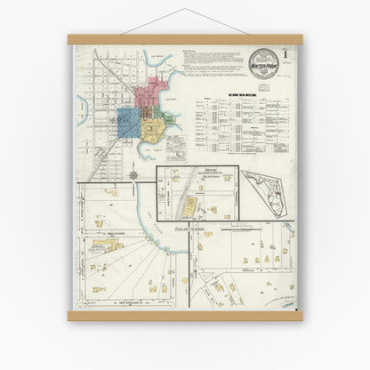Old map wall art mockup — magnetic wood frame on white wall — Sanborn Fire Insurance Map from Winter Park, Orange County, Florida (1919) - Complete Map Set