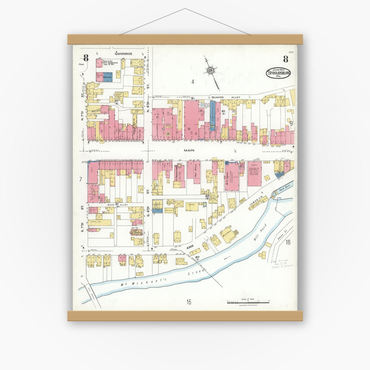 Old map wall art mockup — magnetic wood frame on white wall — Sanborn Fire Insurance Map from Stroudsburg, Monroe County, Pennsylvania (1923), Sheet #0008