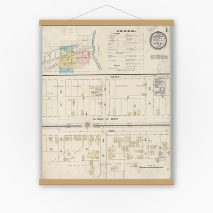 Old map wall art mockup — magnetic wood frame on white wall — Sanborn Fire Insurance Map from Hurley, Iron County, Wisconsin (1888), Sheet #0001