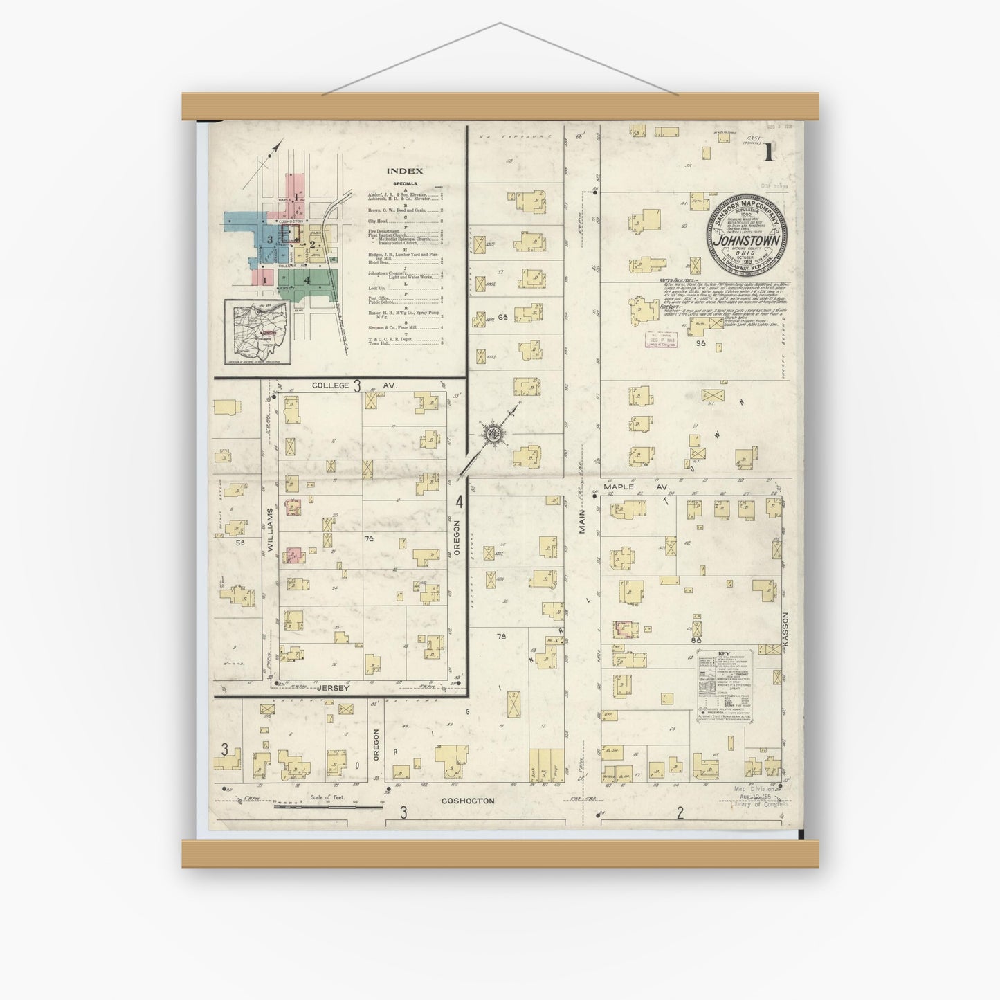Old map wall art mockup — magnetic wood frame on white wall — Sanborn Fire Insurance Map from Johnstown, Licking County, Ohio (1913) - Complete Map Set