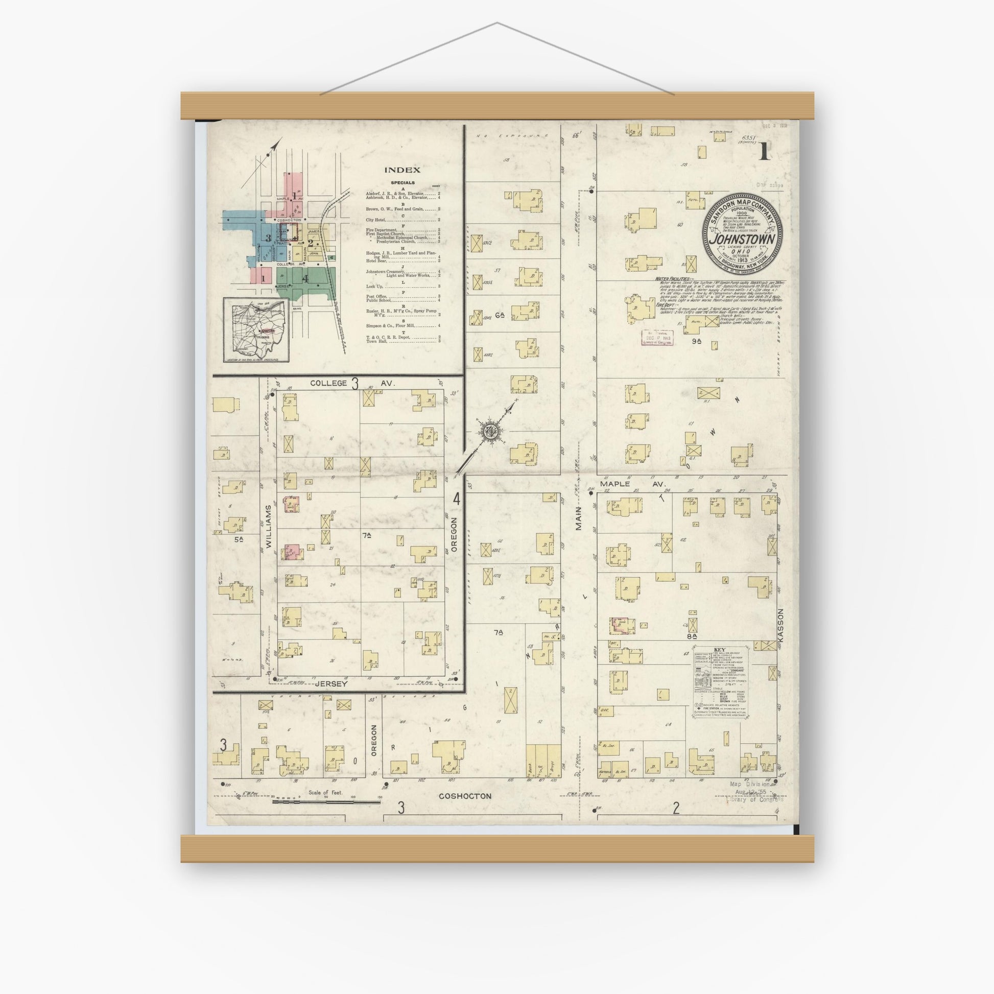 Old map wall art mockup — magnetic wood frame on white wall — Sanborn Fire Insurance Map from Johnstown, Licking County, Ohio (1913) - Complete Map Set