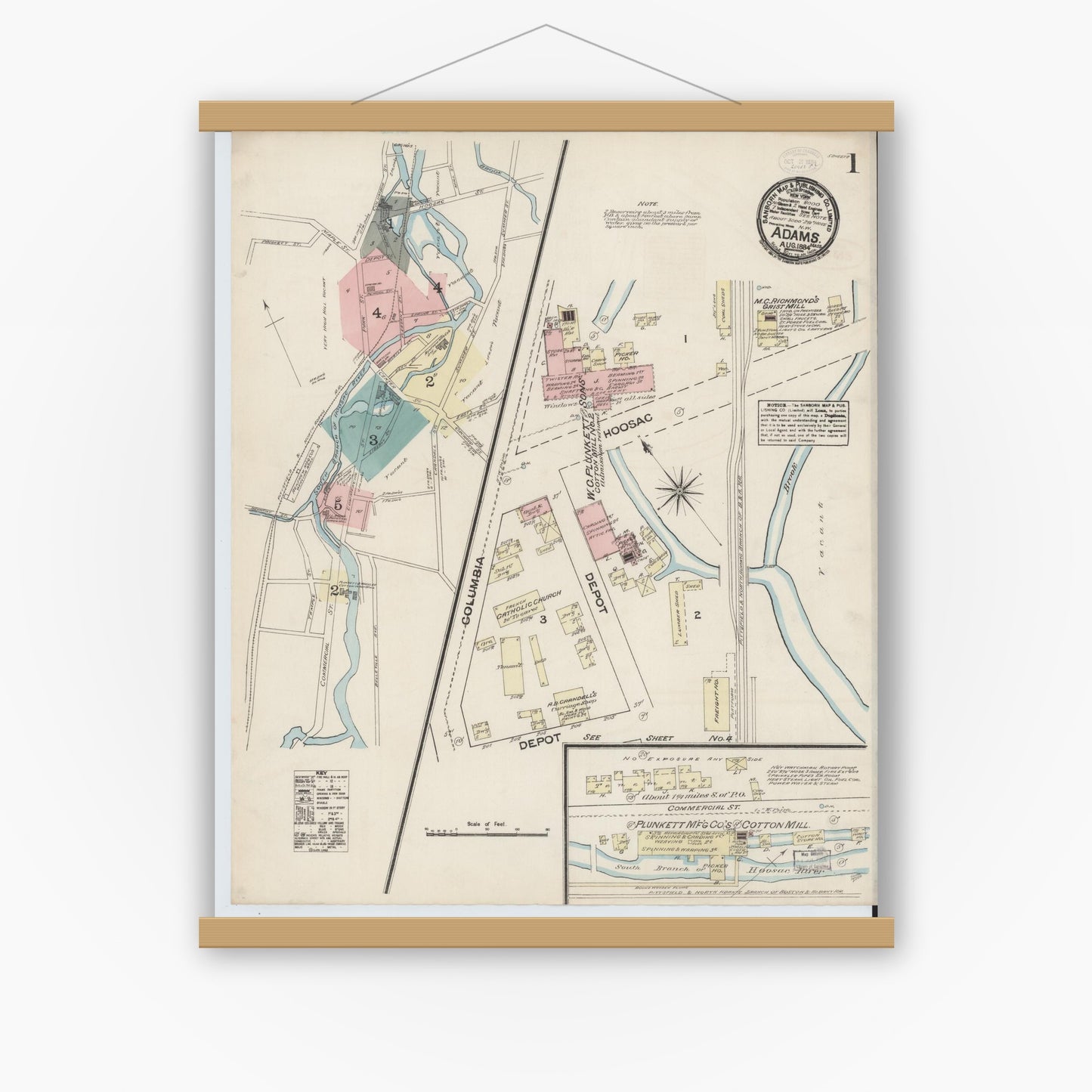 Old map wall art mockup — magnetic wood frame on white wall — Sanborn Fire Insurance Map from Adams, Berkshire County, Massachusetts (1884), Sheet #0001