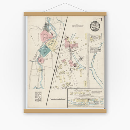 Old map wall art mockup — magnetic wood frame on white wall — Sanborn Fire Insurance Map from Adams, Berkshire County, Massachusetts (1884), Sheet #0001