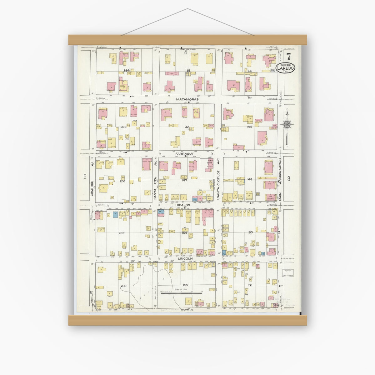 Old map wall art mockup — magnetic wood frame on white wall — Sanborn Fire Insurance Map from Laredo, Webb County, Texas (1916), Sheet #0007