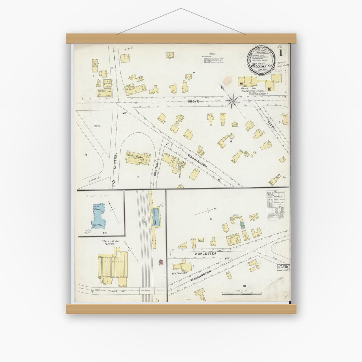 Old map wall art mockup — magnetic wood frame on white wall — Sanborn Fire Insurance Map from Wellesley, Norfolk County, Massachusetts (1896), Sheet #0001