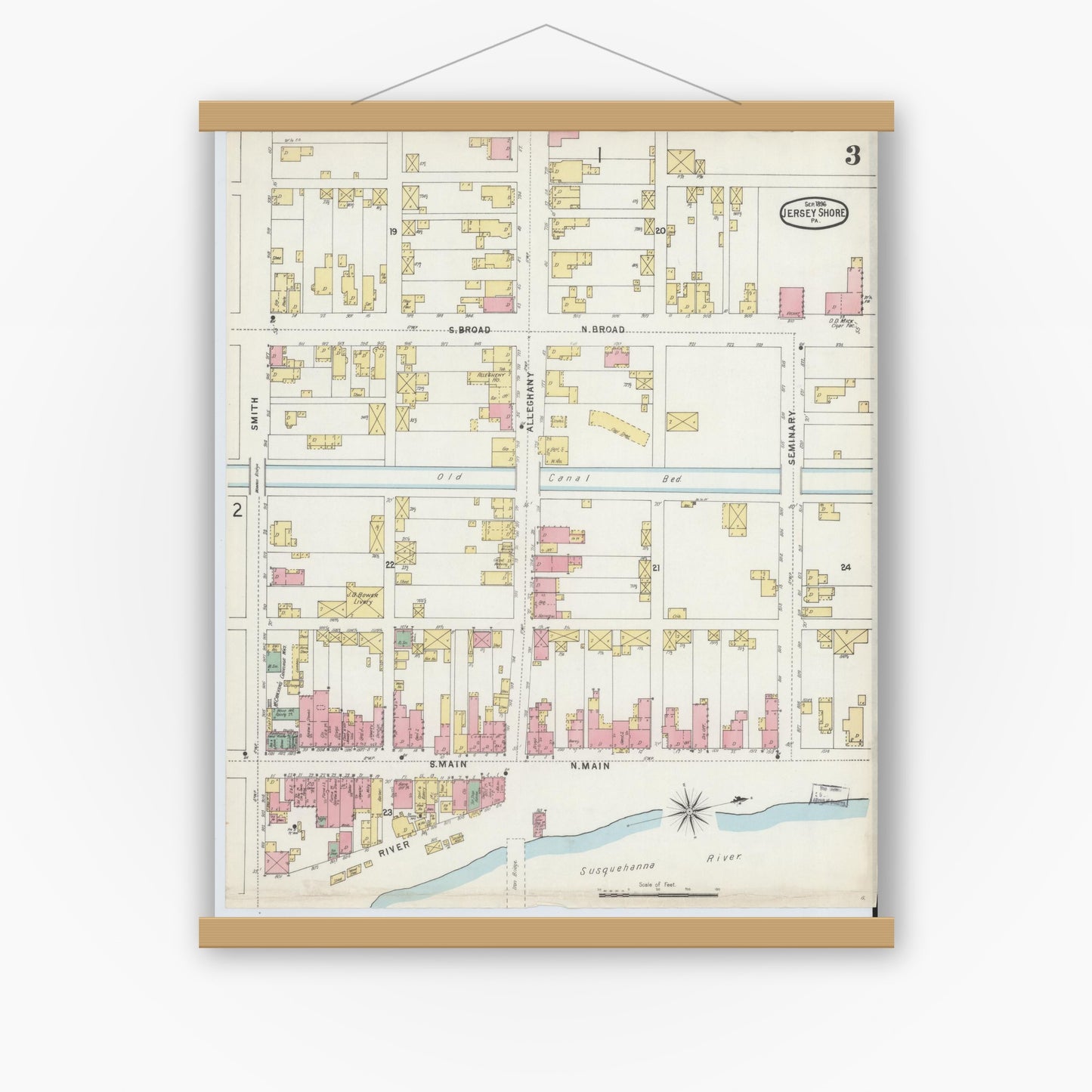 Old map wall art mockup — magnetic wood frame on white wall — Sanborn Fire Insurance Map from Jersey Shore, Lycoming County, Pennsylvania (1896), Sheet #0003