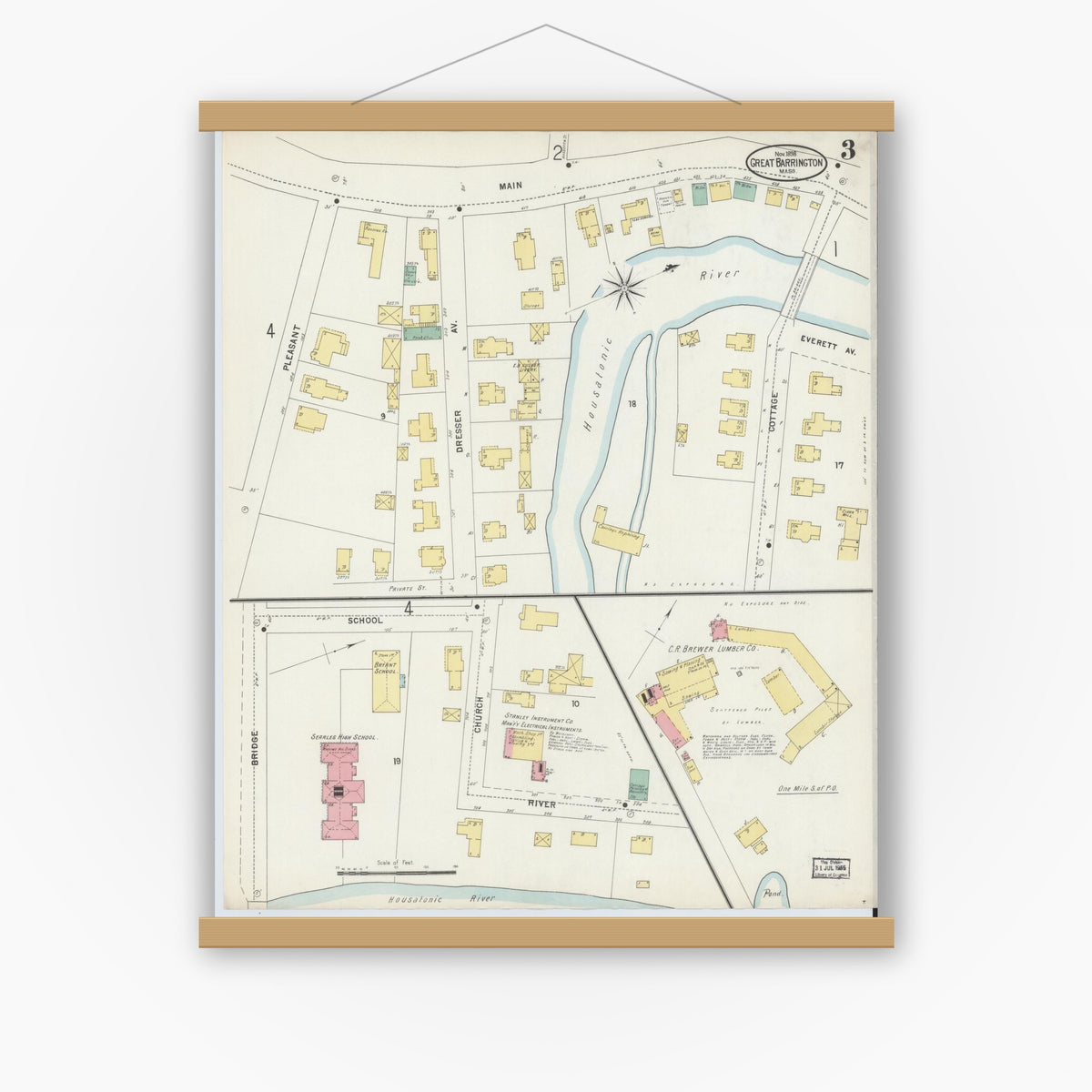 Old map wall art mockup — magnetic wood frame on white wall — Sanborn Fire Insurance Map from Great Barrington, Berkshire County, Massachusetts (1898), Sheet #0003