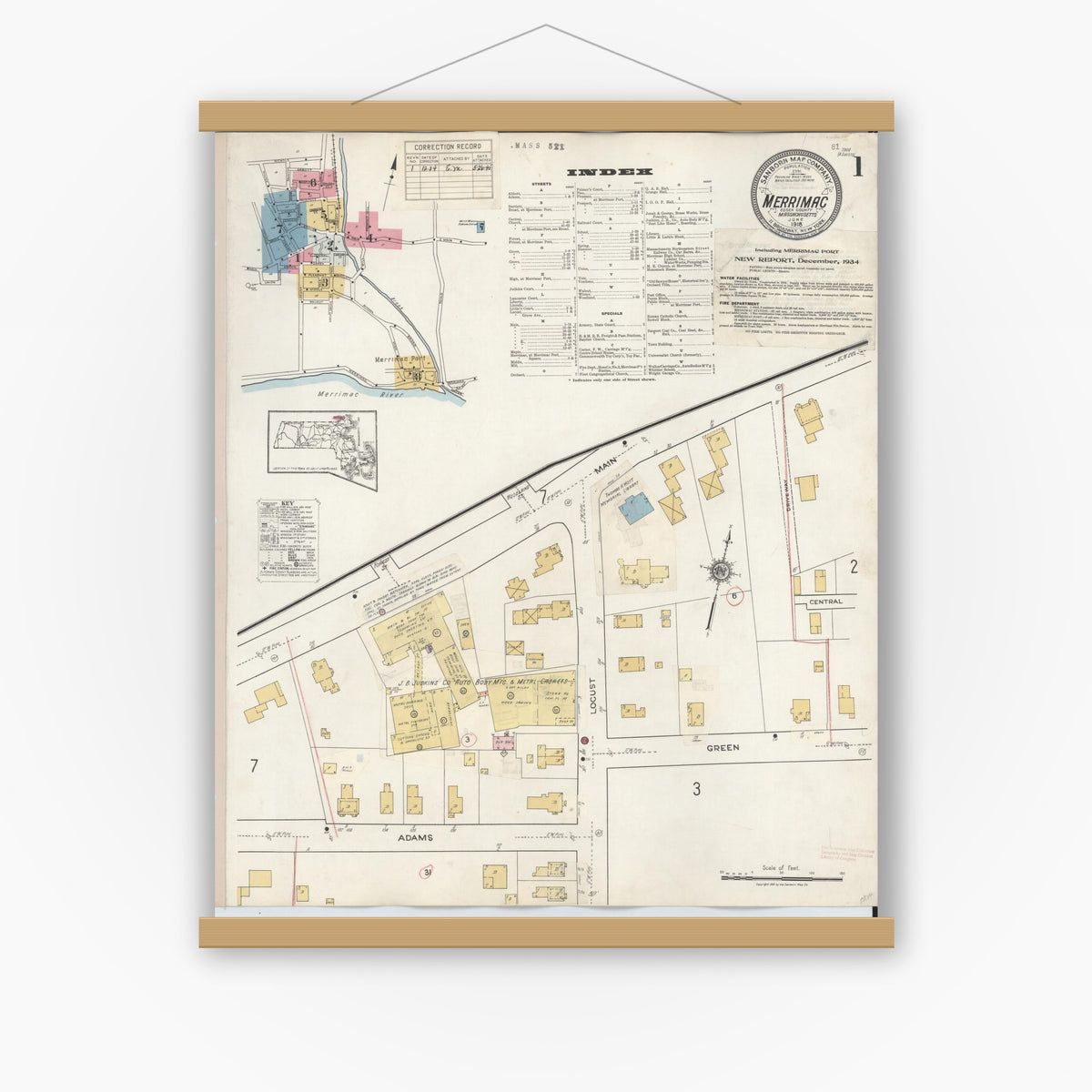 Old map wall art mockup — magnetic wood frame on white wall — Sanborn Fire Insurance Map from Merrimac, Essex County, Massachusetts (1934) - Complete Map Set