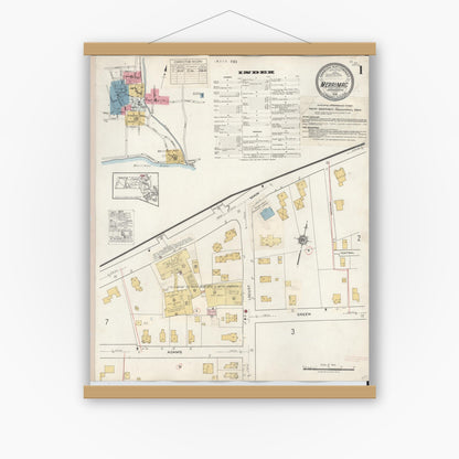 Old map wall art mockup — magnetic wood frame on white wall — Sanborn Fire Insurance Map from Merrimac, Essex County, Massachusetts (1934) - Complete Map Set